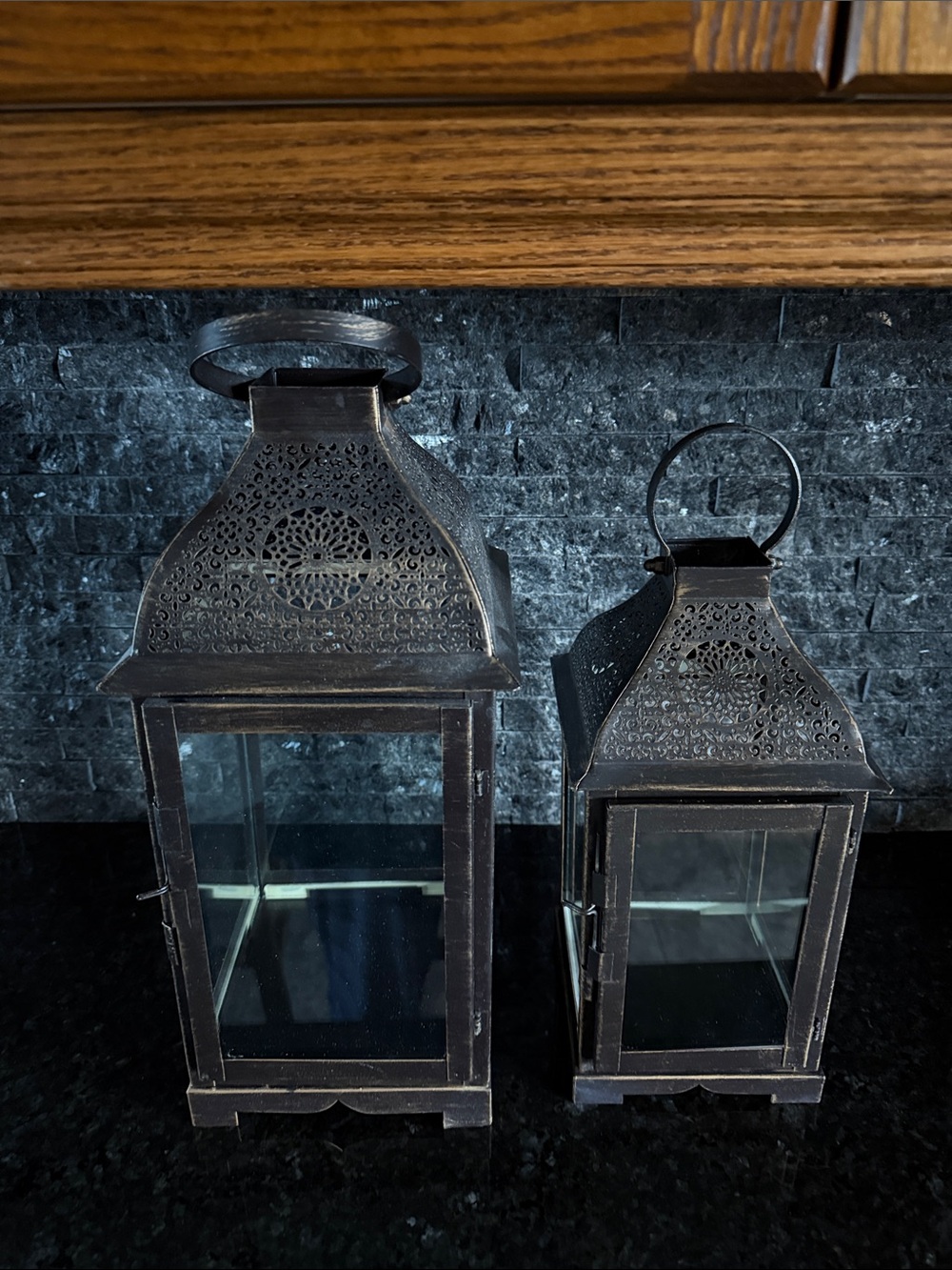 Rustic Bronze Metal Filigree Lantern - Set of 2